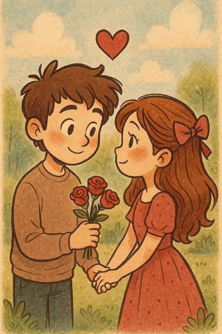 Cute cartoon couple holding hands with roses and a heart above